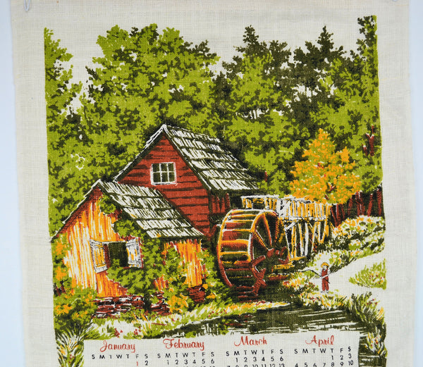 Vintage 1982 Calendar Tea Towel Red Barn Mill with Waterwheel Kitchen Pure Linen - Avid Vintage