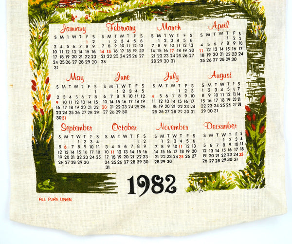 Vintage 1982 Calendar Tea Towel Red Barn Mill with Waterwheel Kitchen Pure Linen - Avid Vintage