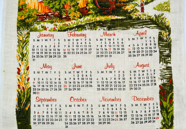 Vintage 1982 Calendar Tea Towel Red Barn Mill with Waterwheel Kitchen Pure Linen - Avid Vintage