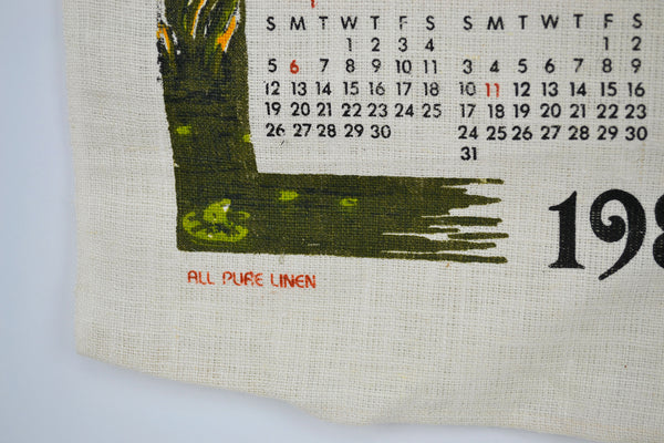 Vintage 1982 Calendar Tea Towel Red Barn Mill with Waterwheel Kitchen Pure Linen - Avid Vintage