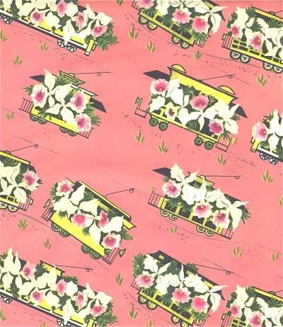 Vintage Wrapping Paper Floral Train Cars 1950s Gift Wrap