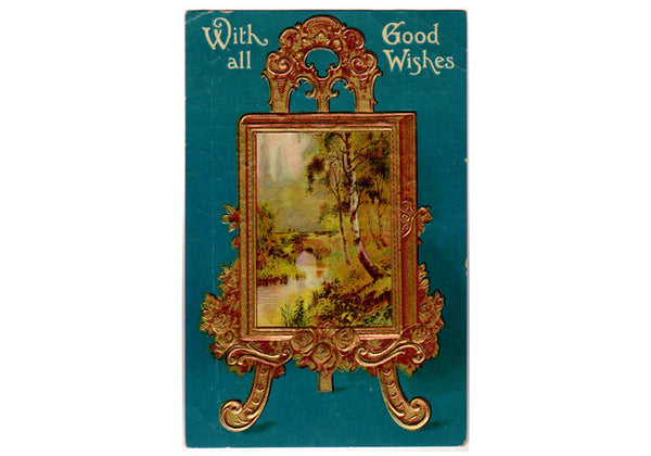 Vintage Good Wishes Greetings Postcard Photo Album on Ornate Gold Stand - Avid Vintage