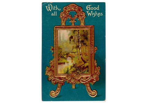 Vintage Good Wishes Greetings Postcard Photo Album on Ornate Gold Stand - Avid Vintage