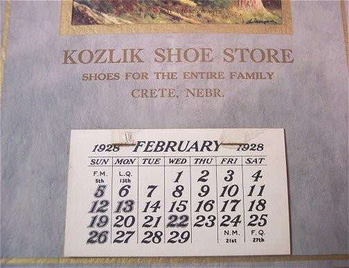 Vintage Crete Nebraska Advertising Calendar Kozlik Shoe Store 1928 - Avid Vintage