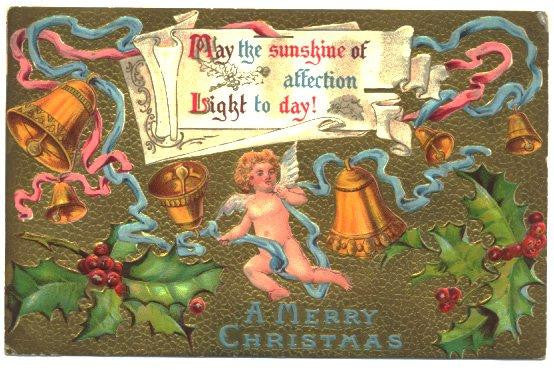 Vintage 1910s Gold Bells and Angel Embossed Christmas Postcard - Avid Vintage