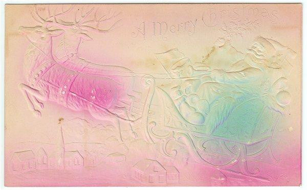 Vintage 1900s Tinted Embossed Christmas Postcard Santa Claus Reindeer Sleigh - Avid Vintage