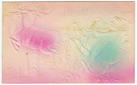 Vintage 1900s Tinted Embossed Christmas Postcard Santa Claus Reindeer Sleigh - Avid Vintage