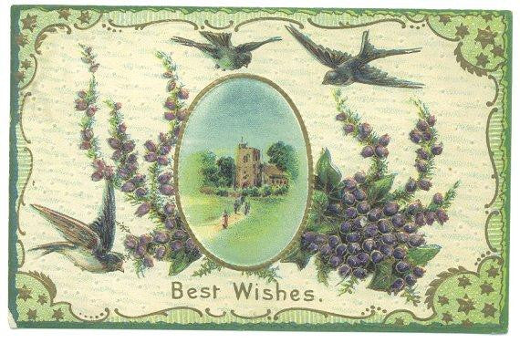 Antique 1910s Best Wishes Greetings Postcard Church Scene Birds Purple Flowers Gold Stars - Avid Vintage