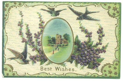 Antique 1910s Best Wishes Greetings Postcard Church Scene Birds Purple Flowers Gold Stars - Avid Vintage