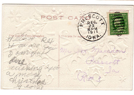 Vintage Christmas Postcard 1910s Holly Berries December 25 Red Stripe and Gold Stars - Avid Vintage