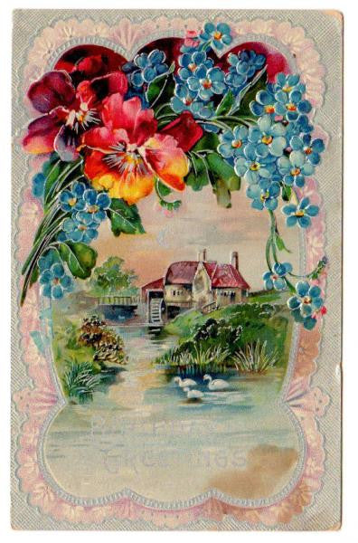 Antique Birthday Greetings Embossed Postcard 1910s Water Wheel Red Blue Flowers - Avid Vintage