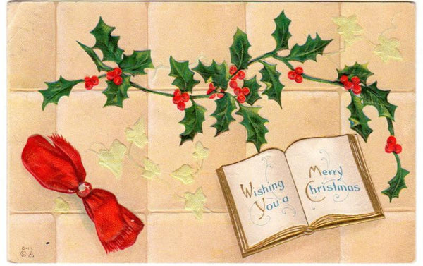 Vintage 1910s Christmas Postcard Open Book Red Bow Holly with Berries and English Ivy - Avid Vintage