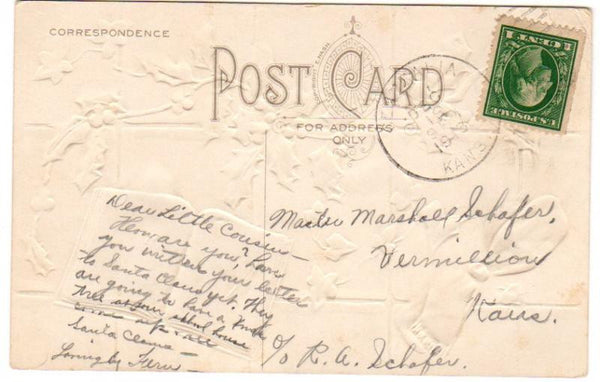 Vintage 1910s Christmas Postcard Open Book Red Bow Holly with Berries and English Ivy - Avid Vintage