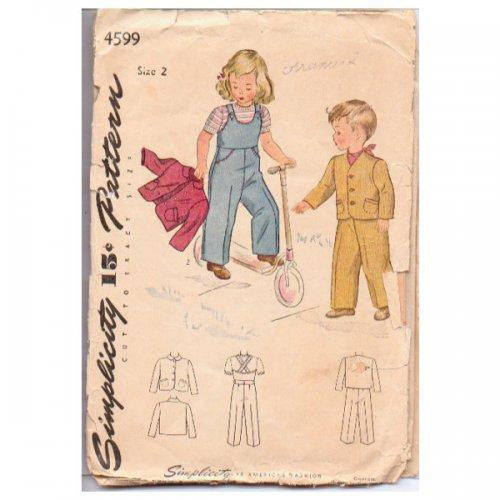 Vintage Simplicity Sewing Pattern 4599 Boys Girls 1940s Overalls Jacket Size 2 - Avid Vintage