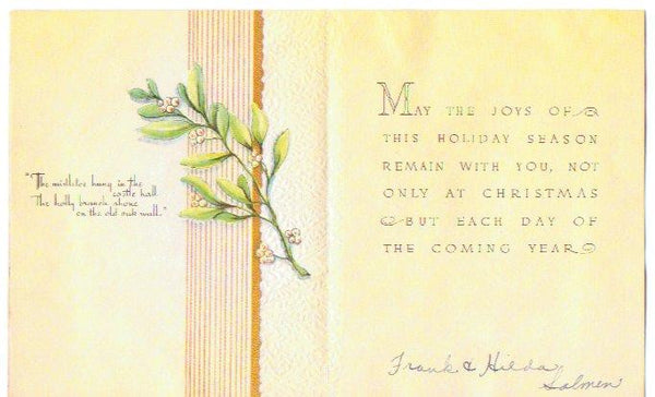 Vintage 1940s Embossed Christmas Card Stars Orange Ribbon and Mistletoe - Avid Vintage