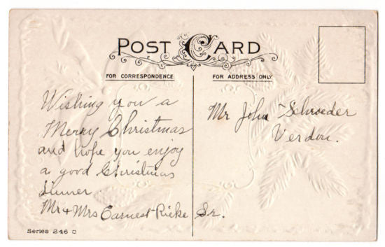 Antique 1910s Embossed Christmas Postcard Gold Picture Frame Red Ribbon and Pinecone - Avid Vintage