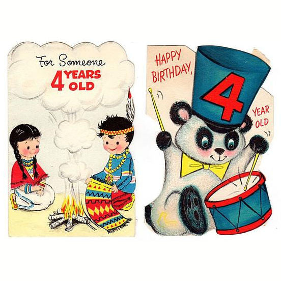 Vintage 4th Birthday Cards Four Year Old Lot of 2 Indians Panda Bear Boy and Girl - Avid Vintage
