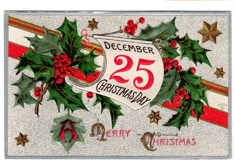 Vintage Christmas Postcard 1910s Holly Berries December 25 Red Stripe and Gold Stars - Avid Vintage