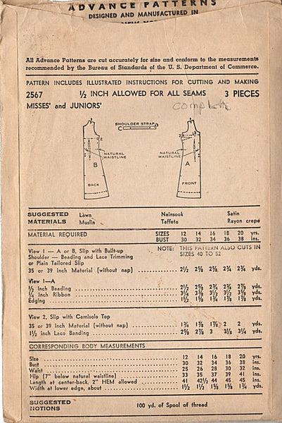 Vintage 1940s Advance Sewing Pattern 2567 Ladies Slip Camisole Top Bust 30 Hip 33 - Avid Vintage