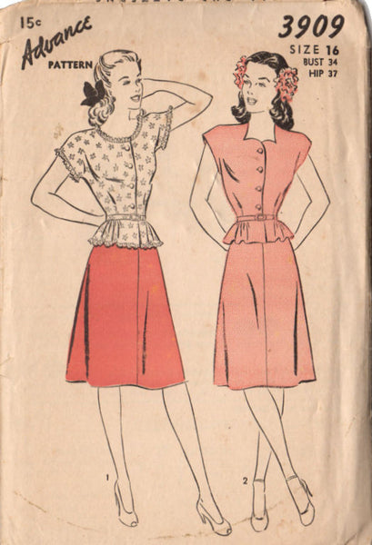 Vintage 1940s Advance Pattern 3909 Knee Length Short Sleeve Belted Waist Dress Bust 34 Hip 37 - Avid Vintage