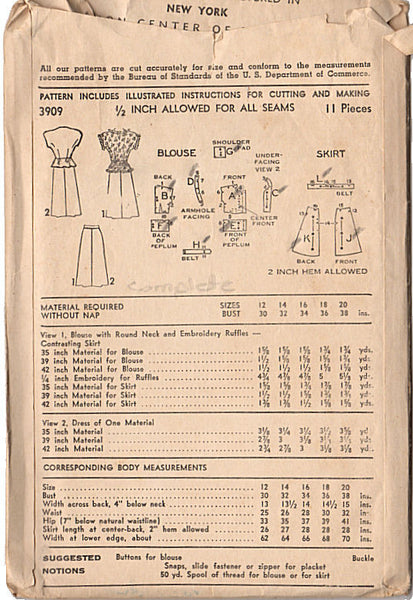 Vintage 1940s Advance Pattern 3909 Knee Length Short Sleeve Belted Waist Dress Bust 34 Hip 37 - Avid Vintage