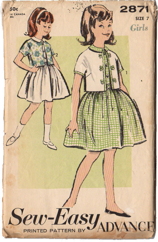 Vintage 1960s Advance Sewing Pattern 2871 Girls Knee Length Dress and Jacket Size 7 - Avid Vintage