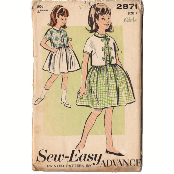 Vintage 1960s Advance Sewing Pattern 2871 Girls Knee Length Dress and Jacket Size 7 - Avid Vintage
