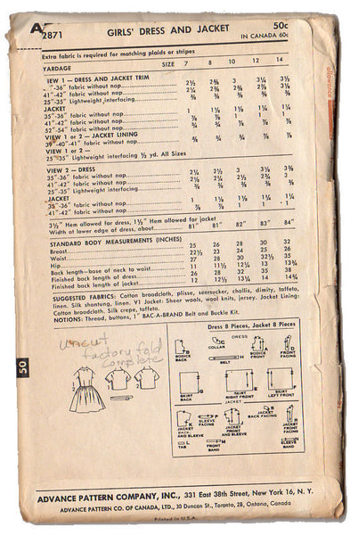 Vintage 1960s Advance Sewing Pattern 2871 Girls Knee Length Dress and Jacket Size 7 - Avid Vintage