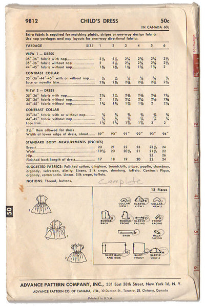 Vintage 1960s Advance Pattern 9812 Girl's Puff Sleeves Dress with Full Skirt Size 6 - Avid Vintage