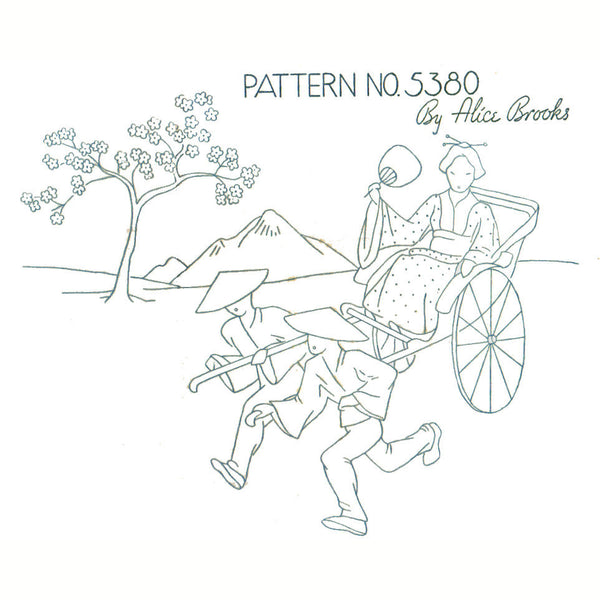 Vintage Alice Brooks Embroidery Transfer Pattern 5380 Chinese Motifs Woman in Rickshaw - Avid Vintage