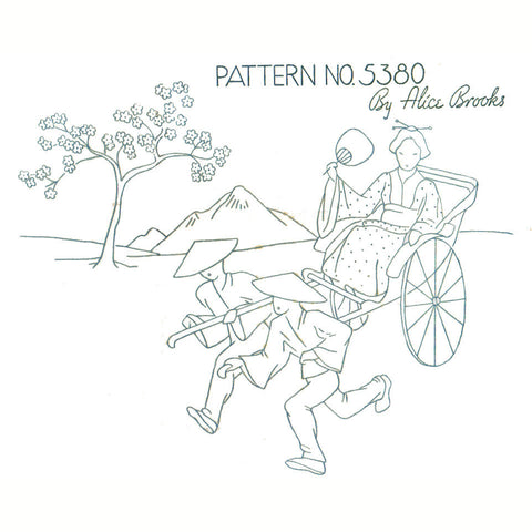 Vintage Alice Brooks Embroidery Transfer Pattern 5380 Chinese Motifs Woman in Rickshaw - Avid Vintage