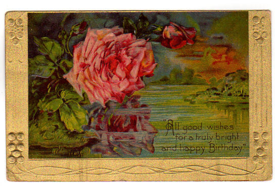 Vintage Happy Birthday Embossed Postcard All Good Wishes Pink Roses - Avid Vintage