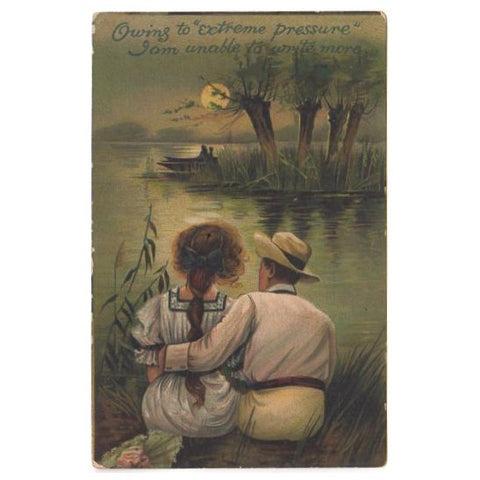 Anitque Romance Postcard Cozy Couple on Lake Shore Long Hair