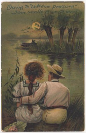 Anitque Romance Postcard Cozy Couple on Lake Shore Long Hair