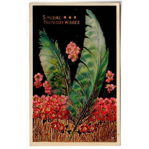 Antique Birthday Postcard Green Feathers Gold Foil Pink Flowers