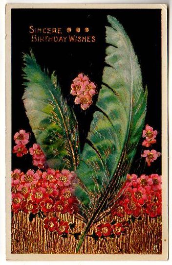 Antique Birthday Postcard Green Feathers Gold Foil Pink Flowers
