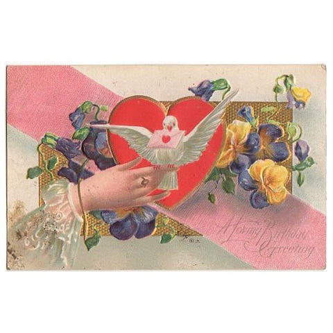 Antique Birthday Greeting Embossed Postcard Hand Dove Flowers - Avid Vintage