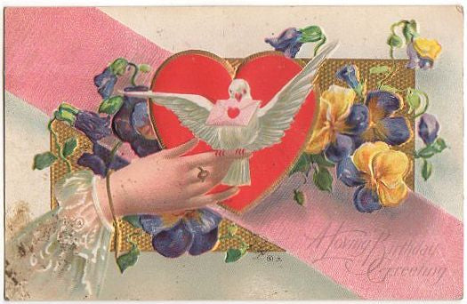 Antique Birthday Greeting Embossed Postcard Hand Dove Flowers - Avid Vintage