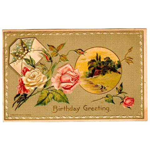Antique Birthday Postcard Envelope Pink Roses Lily of the Valley H. Wessler