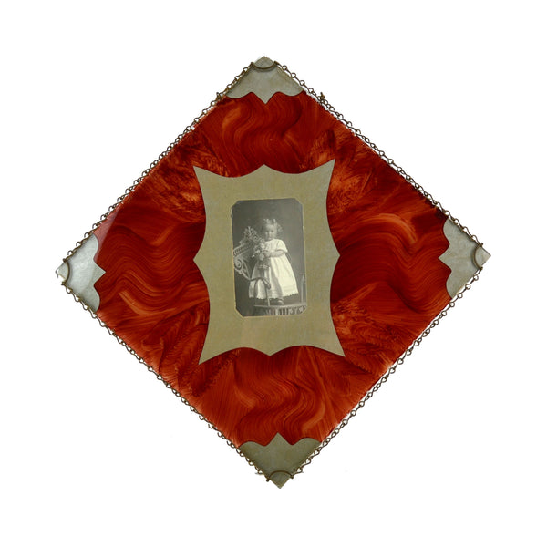 Antique Reverse Painted Photo Chain Border Frame Wall Hanging Little Girl with Doll - Avid Vintage