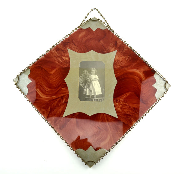Antique Reverse Painted Photo Chain Border Frame Wall Hanging Little Girl with Doll - Avid Vintage