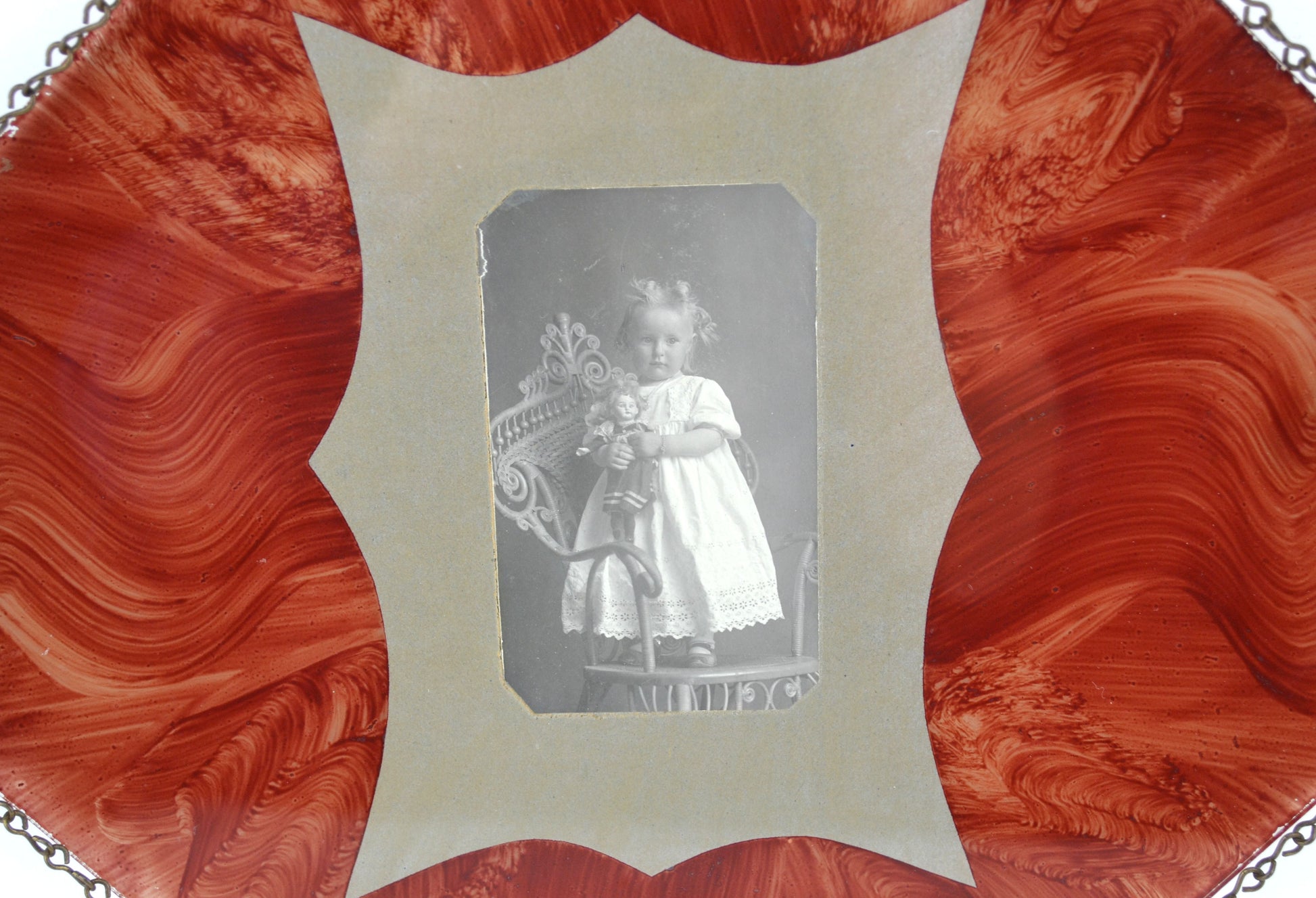 Antique Reverse Painted Photo Chain Border Frame Wall Hanging Little Girl with Doll - Avid Vintage