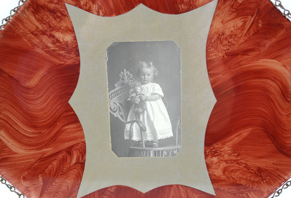 Antique Reverse Painted Photo Chain Border Frame Wall Hanging Little Girl with Doll - Avid Vintage