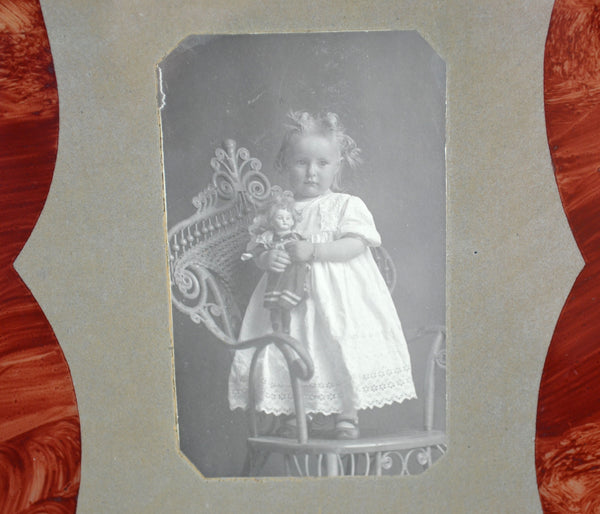Antique Reverse Painted Photo Chain Border Frame Wall Hanging Little Girl with Doll - Avid Vintage