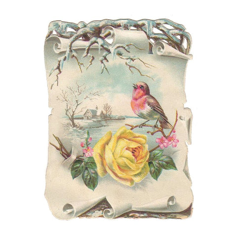 Antique Die Cut Embossed Victorian Scrap Songbird Yellow Rose