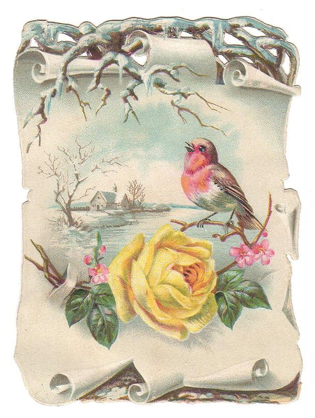 Antique Die Cut Embossed Victorian Scrap Songbird Yellow Rose