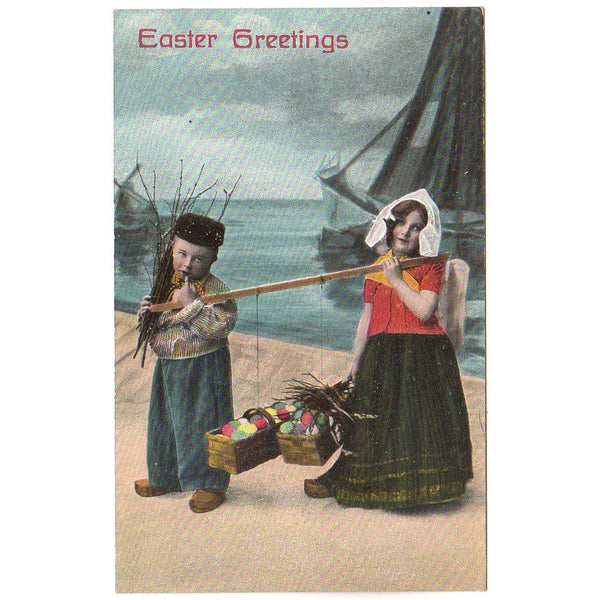 Antique Easter Post Card Children Carrying Baskets of Dyed Eggs - Avid Vintage