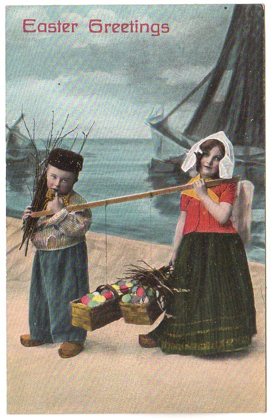 Antique Easter Post Card Children Carrying Baskets of Dyed Eggs - Avid Vintage