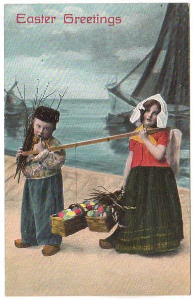 Antique Easter Post Card Children Carrying Baskets of Dyed Eggs - Avid Vintage
