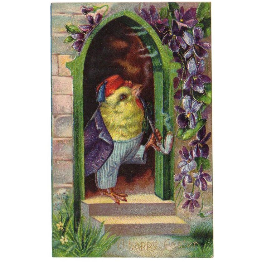 Antique Easter Postcard Anthropomorphic Dressed Chick with Fez Hat - Avid Vintage